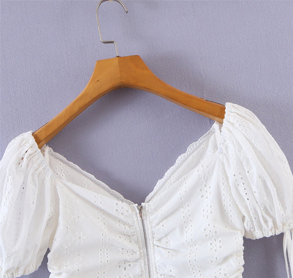 Elegant white lace top short sleeve korean fashion blouses for women 2022 Summer backless top ruched puff sleeve top cotton
