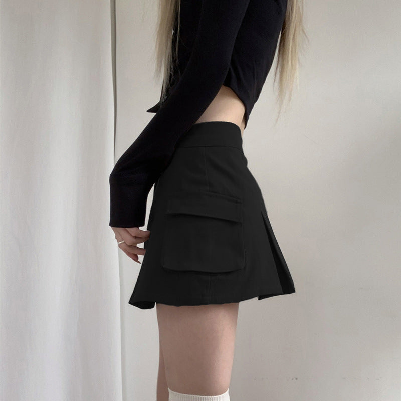 HOUZHOU Vintage Pocket Denim Cargo Skirt Women Korean Preppy Style High Waist Solid A-line Casual Pleated Mini Skirt Y2K E Girl