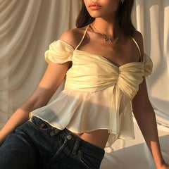 Summer T-Shirt for Women New Fashion Sweet Bow Knot Pile Sleeves Sexy Mesh Back Hollow Tether Hanging Neck Stitching Top Women