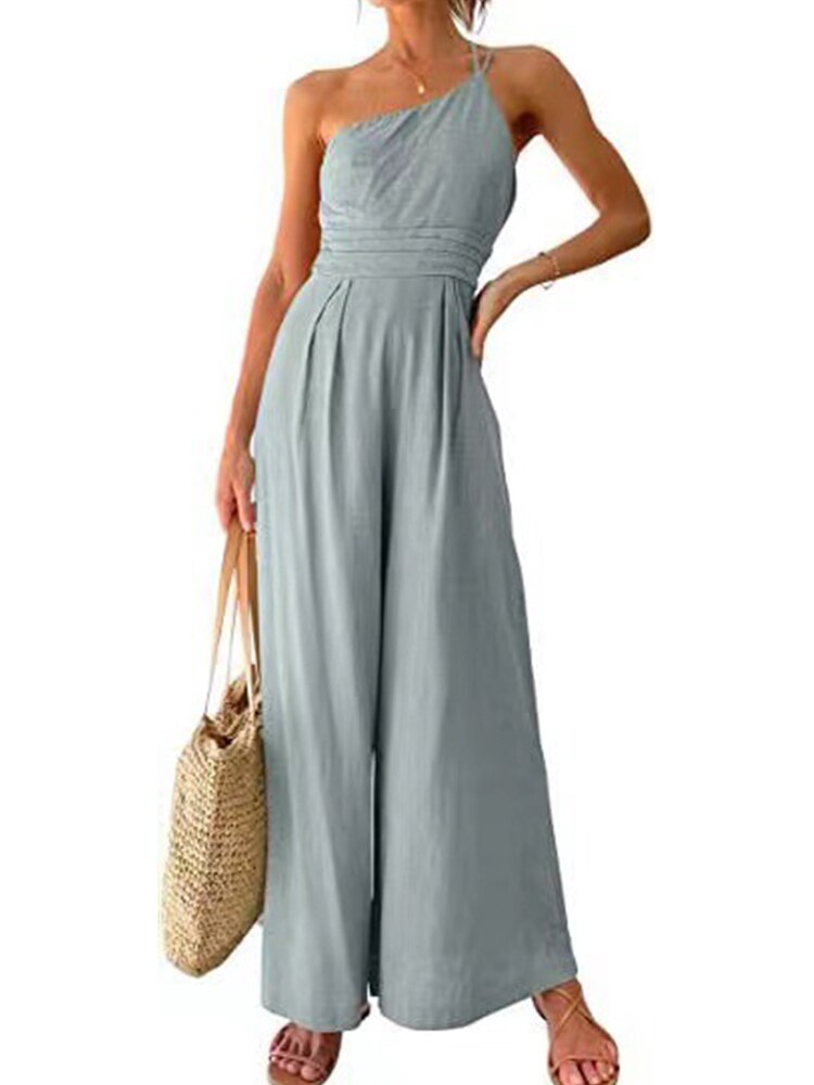 Lizakosht  Summer Solid Cotton Linen One Shoulder Jumpsuit Women Elegant Casual Wide Leg Pant Romper New Chic Fashion Playsuit Streetwear