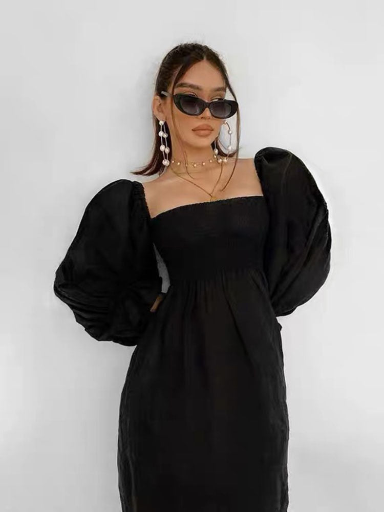 Lizakosht Women New Vintage Style Square Collar Long Puff Sleeve Off the Shoulder Lady Linen Midi Dress