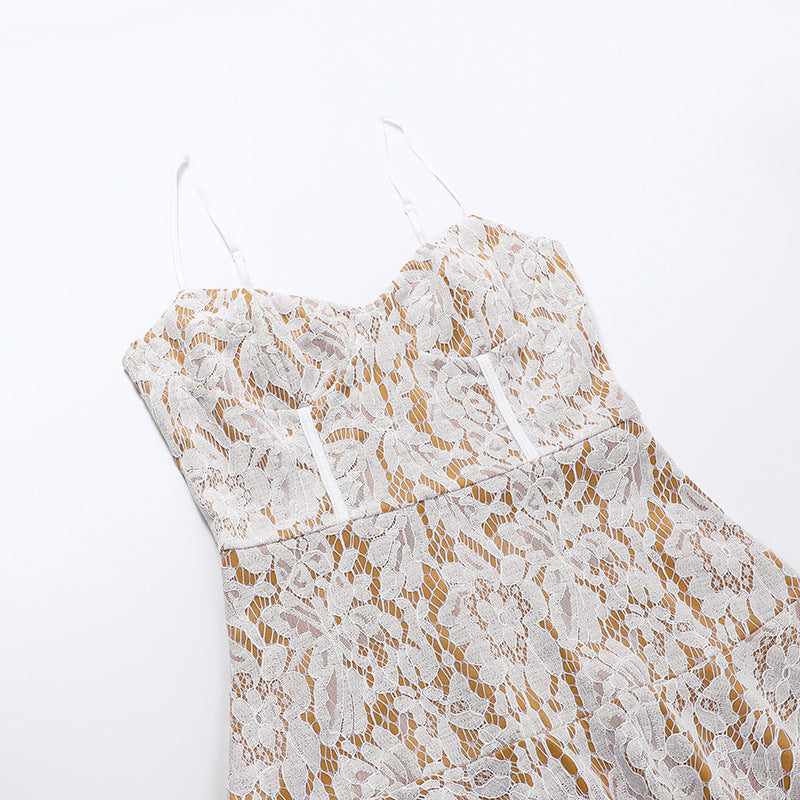Lizakosht  French Lace Dress Women 2022 Summer Retro Sweet Sexy Sling Party Dress Spaghetti Strap High Waist Low Cut Cut Dress