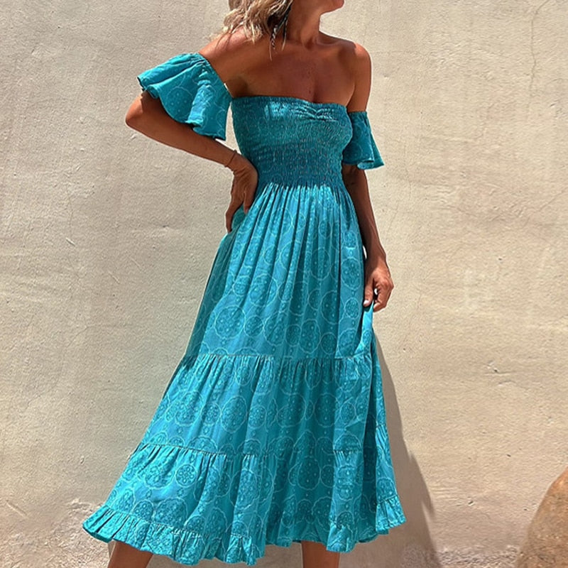 Lizakosht Women Strapless Hollow Long Party Dress Spring Floral Print Pleated Boho Maxi Dress New Summer Off Shoulder Backless Beach Dress