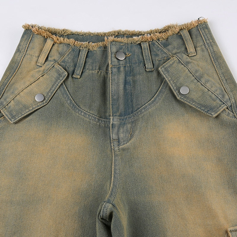 Lizakosht Retro Vintage Distressed Washed Jeans Women Low Waisted Loose Pocket Patchwork Raw Edge Straight Leg Casual Pants