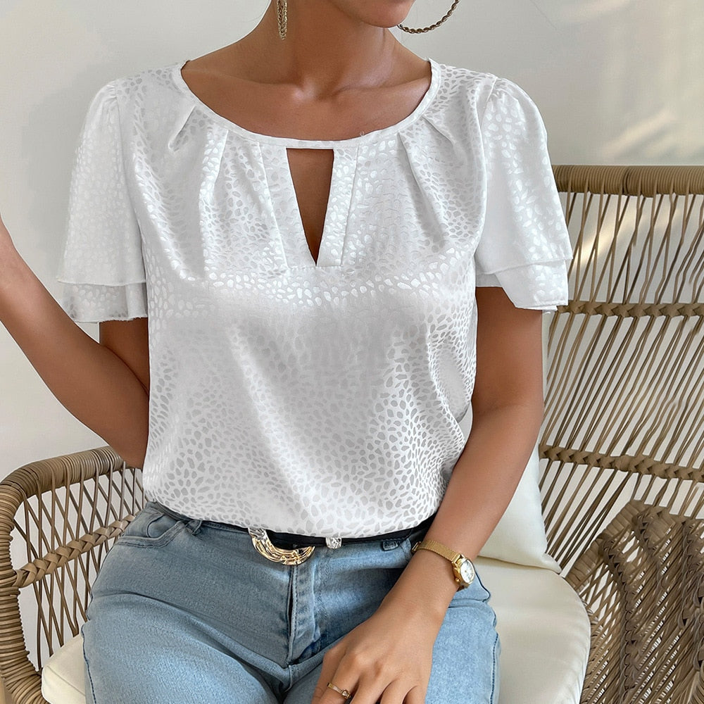 Lizakosht Summer New Women  Elegant White Color Shine Top Double Lotus Sleeve Short Sleeve Crewneck Casual Elegant Lady T-Shirts Tops