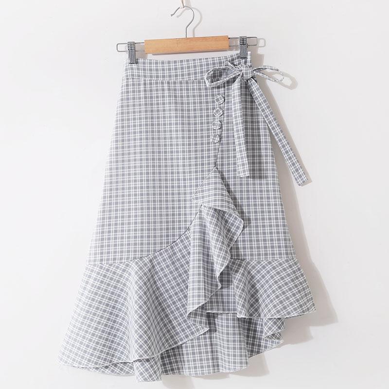 Summer Korean Lace-up Plaid High Waist Slim Ruffled Irregular Midi Skirt Elastic Waist A-line Side Split Ruffles Knee Skirts