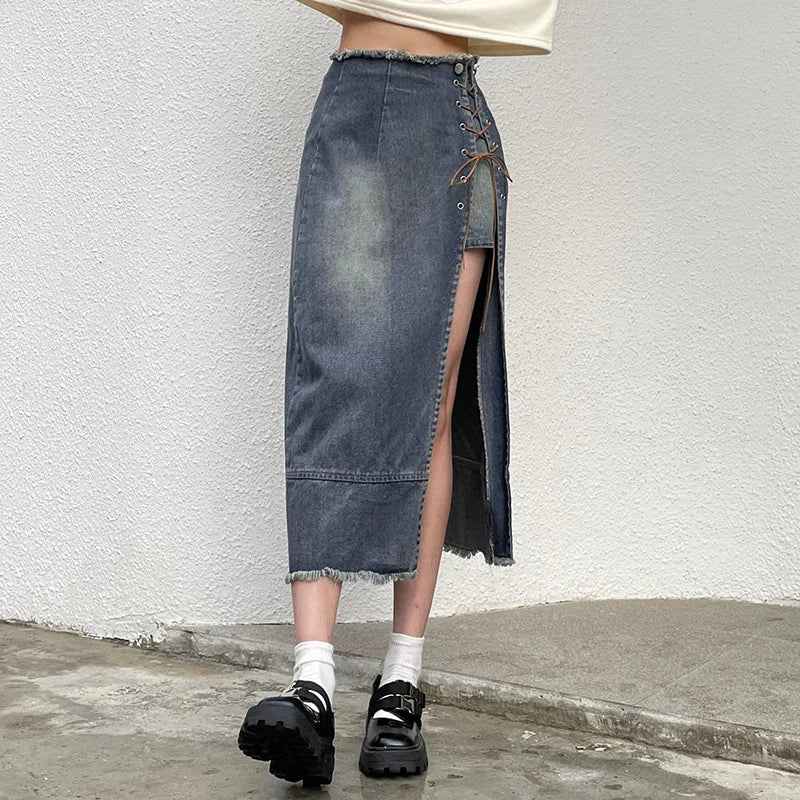 Lizakosht Wrap Midi Long Women Denim Skirt High Split Vintage High Waist Women Streetwear Y2K Kawaii Skirts Fashion Maxi Skirt