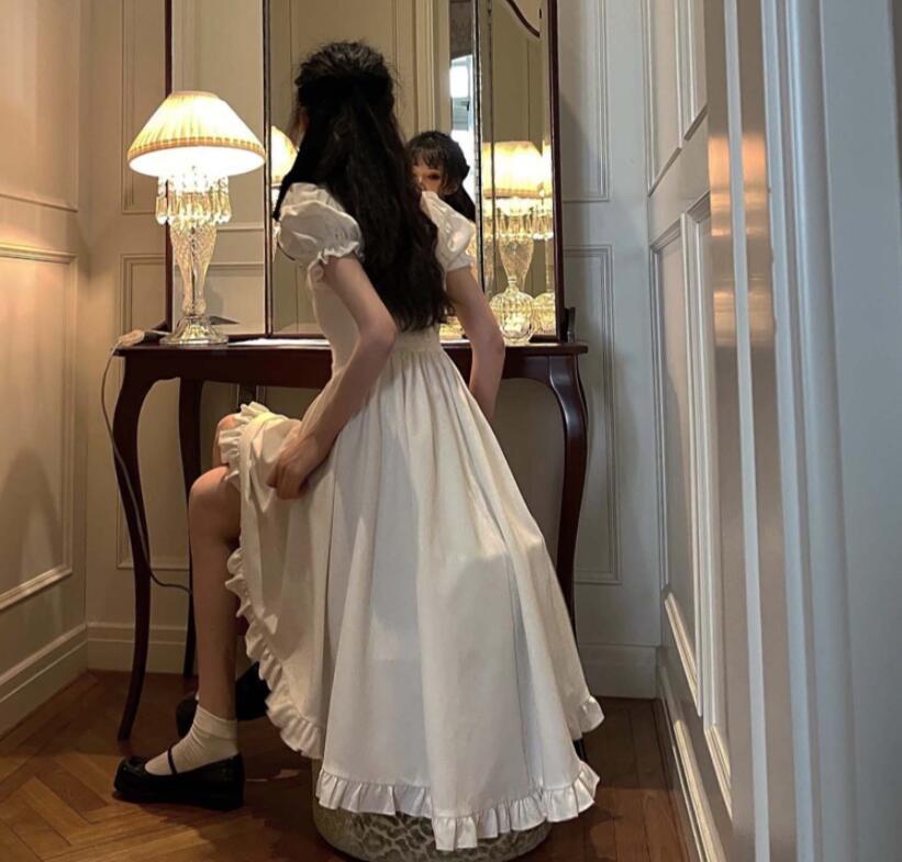 Vintage Lolita Dress Women Irregular High Low Ruffle Patchwork Square Collar Puff Sleeve Solid Elegant Princess Dress