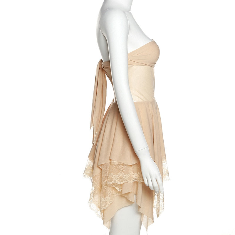 Lizakosht Y2k Fairy Core Nude Mesh Tube Top Mini Dresses for Women Party Wear Summer Sexy Lace Irregular Hem Dress N71-EZ26