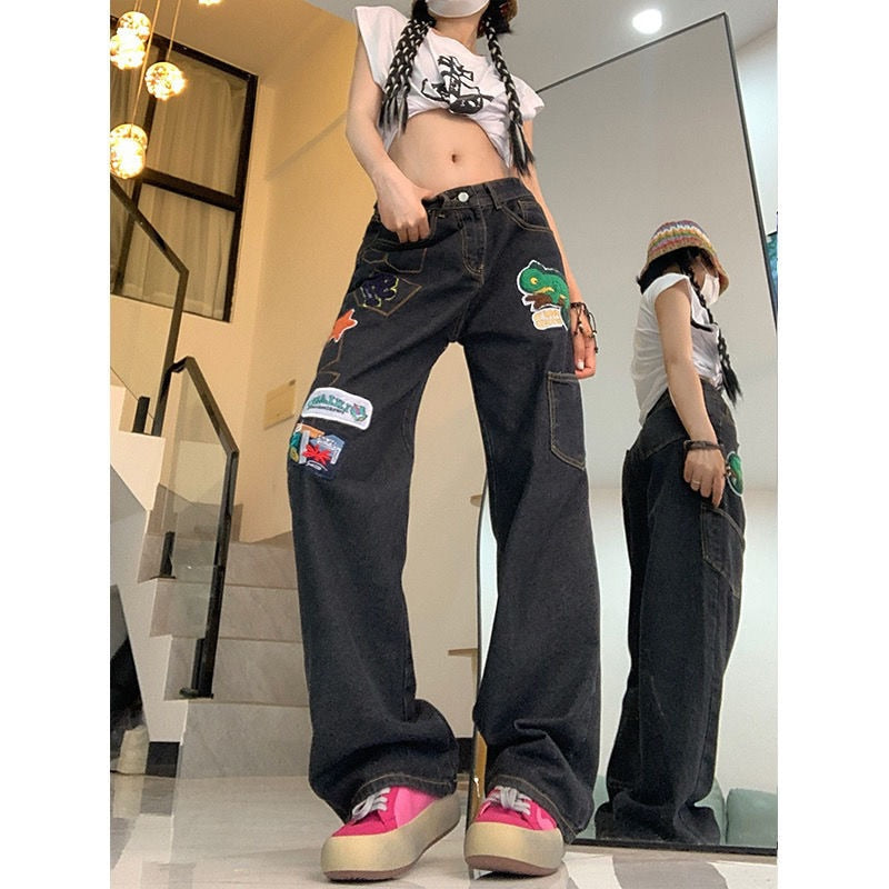 Lizakosht Long Embroidered Animal Baggy Jeans Woman Retro Brown Trousers Fashion Couple Denim Jogging Pants High Waist Straight Old Jean