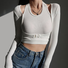 Sexy Slim Crop Top Women Y2K Hollow Out Solid Button Patchwork Bottoming Long Sleeve T-shirts Fake Two-piece Streetwear