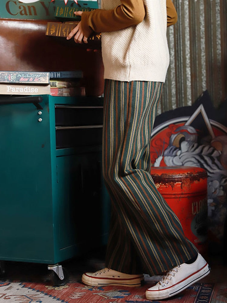 LIZAKOSHT  -  Vintage Retro Green Striped Print Wide Leg Pants Women Korean Style Oversize High Elastic Brown Trousers for Female 2022