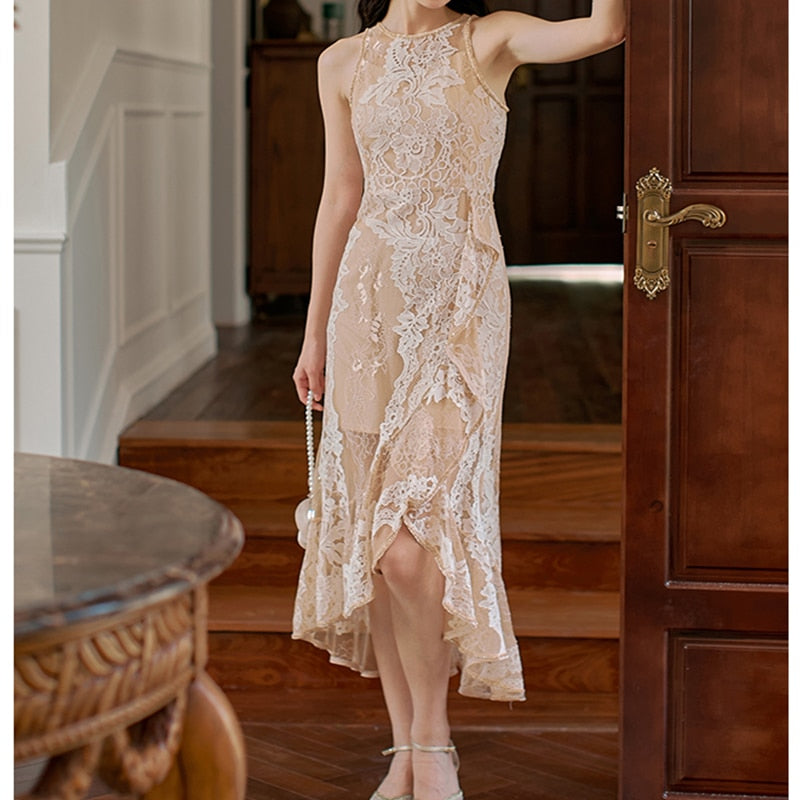 Lizakosht Apricot Lace Dress Women Elegant Diamond Ruffle Sleeveless Evening Bodycon Dress Vintage Flower Asymmetry Party Vestido Summer