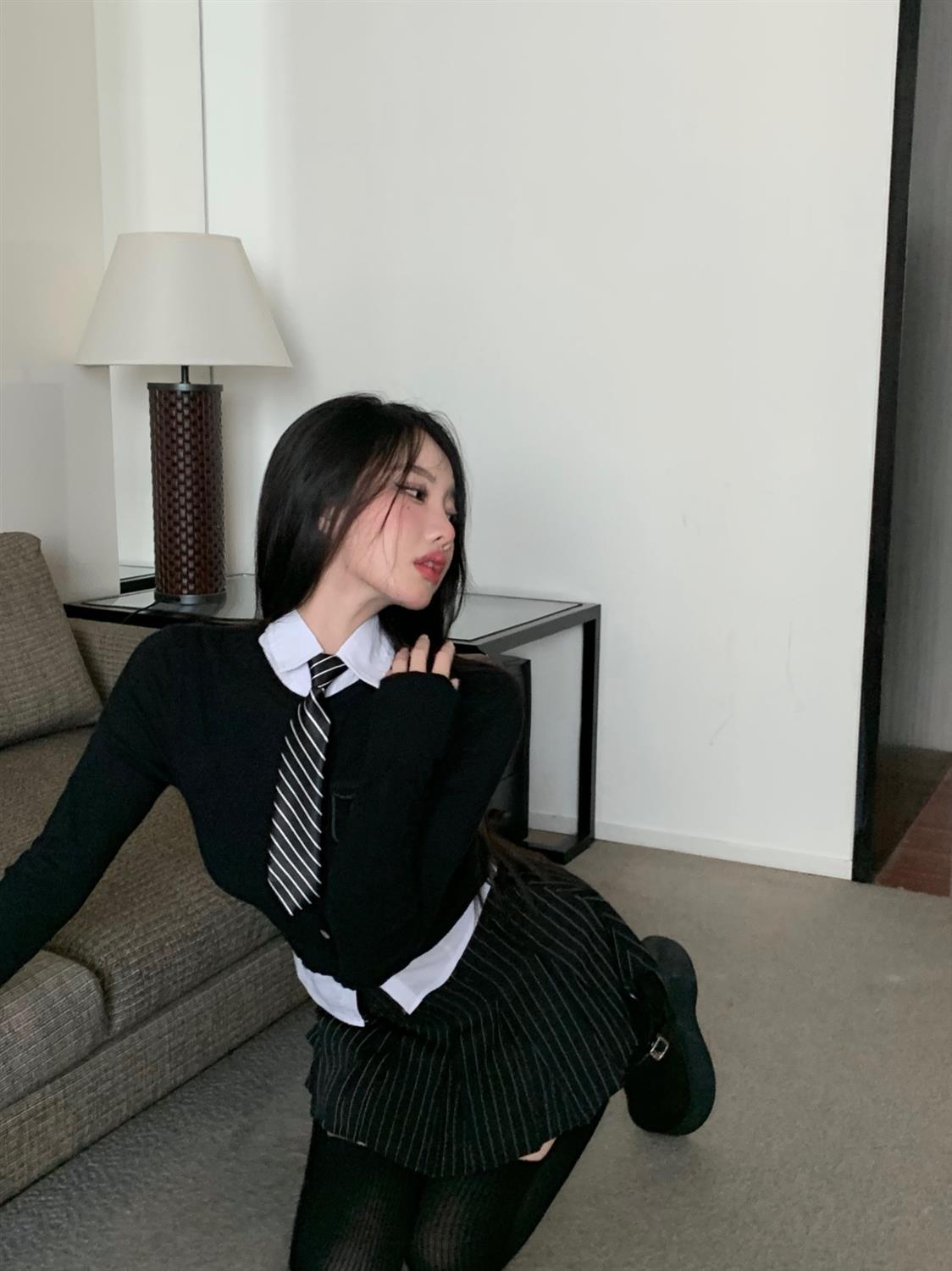 Vintage Preppy Style Striped Pleated Skirt Women Sexy Cute Korean Fashion High Waist Y2K 90s A-line Black Mini Skirts
