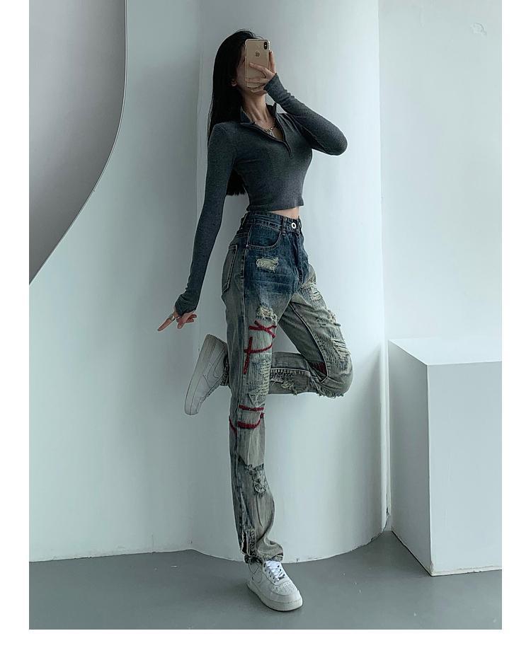 Contrast color straight ripped jeans for women y2k streetwear niche design hiphop high waisted jeans women 2022 summer plus size