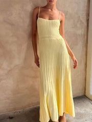 Lizakosht Elegant Knit Spaghetti Strap Dress For Women Sleeveless High Waist Loose Hem Beach Dresses Summer Casual Vacation Vestidos