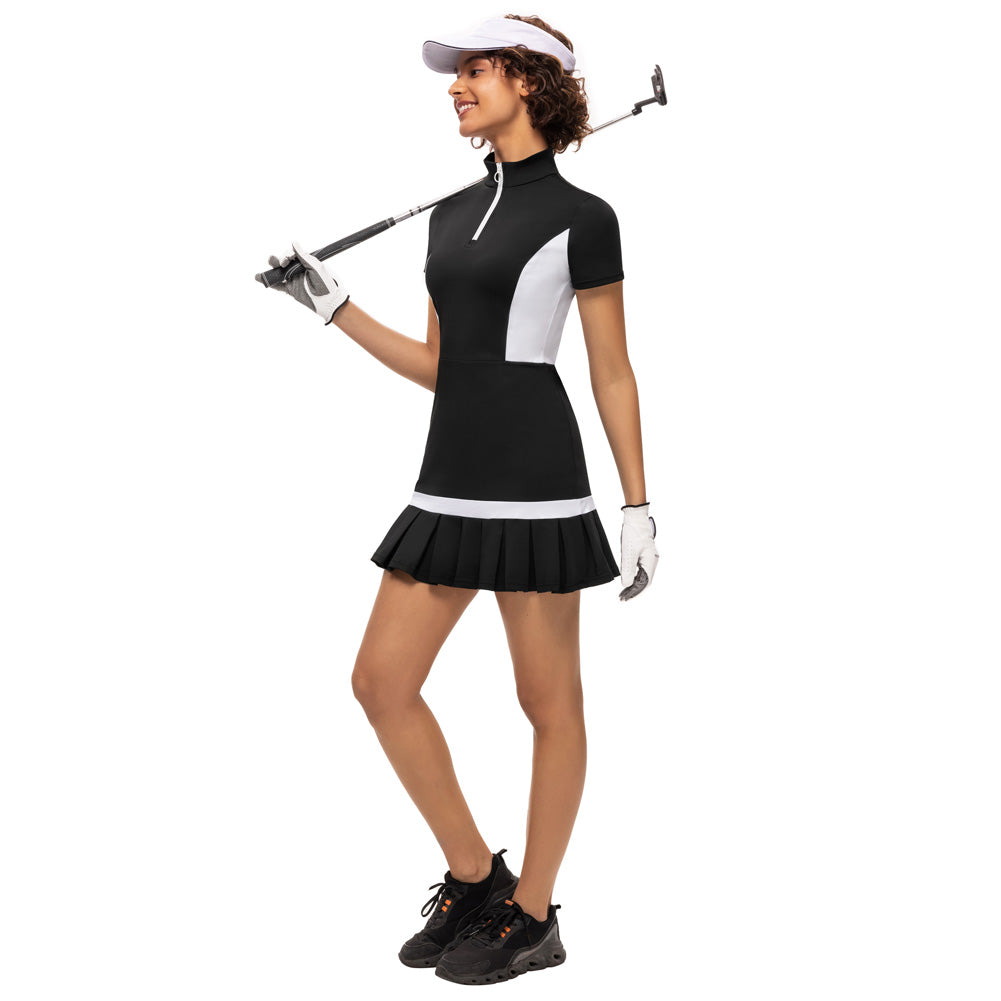 JS Women Mini Dress Tennis & Golf Contrast Color Sports Dress Fashion Summer New Short Sleeve Zipper Stand Collar Dress + Boxer