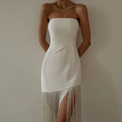 Lizakosht Dress White Elegant Midi Dress Women Sleeveless Summer Fringe Black Strapless Dress Lady Party