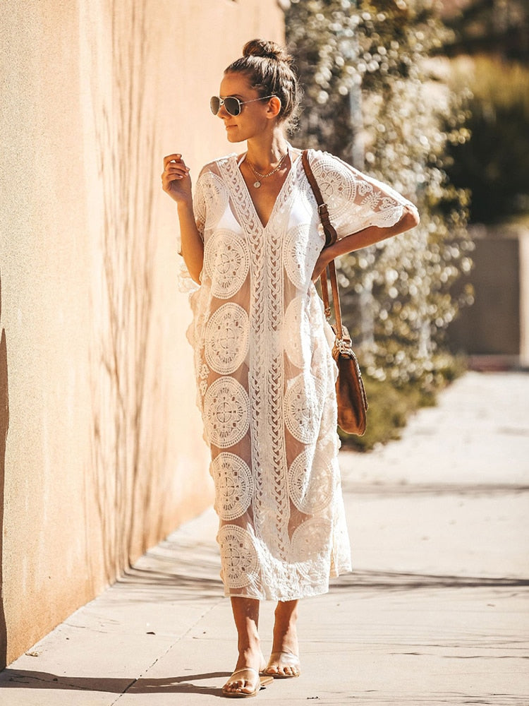 Lizakosht  Fitshinling Bohemian Vintage Maxi Dress Summer Swimwear V Neck Flower White Boho Long Pareo Holiday Sheer Sexy Bikini Cover Up