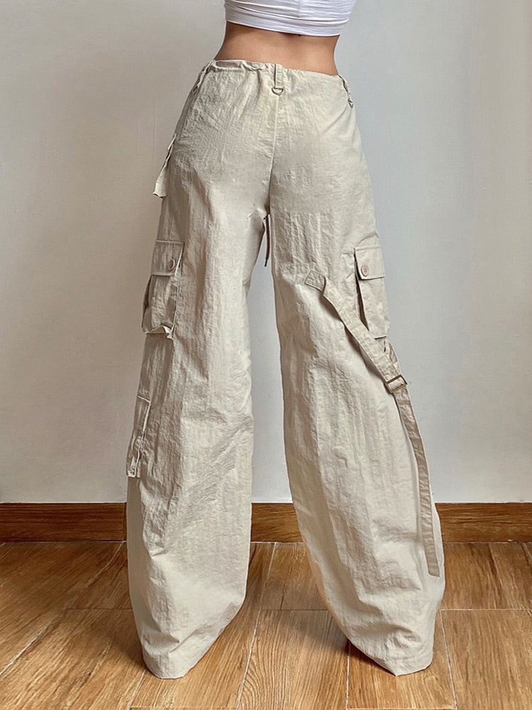 Lizakosht Fashion Pocket Patchwork Straight Pants Light Khaki Low Rise Baggy Casual Cargo Pants for Women Harajuku 2000s Jogging Overalls