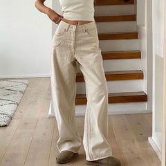 Lizakosht New Casual Rice White Straight Jeans Harajuku Solid Color Fashion Joker Vibe Wind Pants Summer Women's Vintage Y2k Clothing