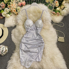 Bronzing Folds Sexy Dress Women Summer V Neck Party Mini Dresses Woman Slim Short Slit Spaghetti Strap Dress Vestidos