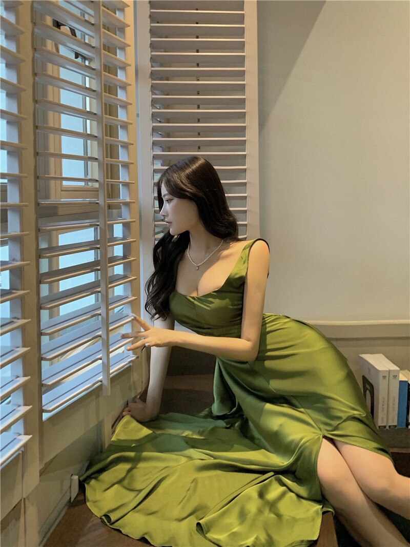 Lizakosht Imitation Acetate Satin Suspender Dress Long Dress Summer Mermaid Tail Large Hem Ruffled Holiday Dress
