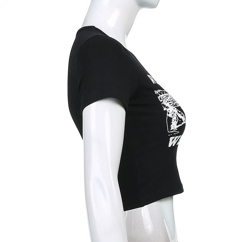 HOUZHOU Grunge Black T Shirt Women Y2k Crop Top Summer Sexy Vintage Print O-Neck Casaul Short Sleeve T-Shirts Kpop Streetwear