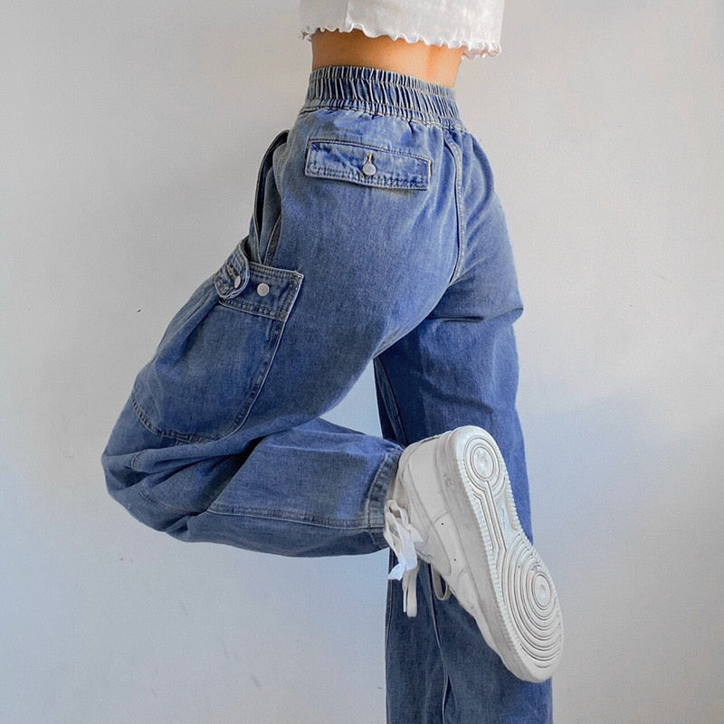 Lizakosht Sexy Fashion Cargo Trousers  Ins Street Solid Vintage Work Jeans Elastic Waist Straight Leg Jeans Workwear Femme Mujer