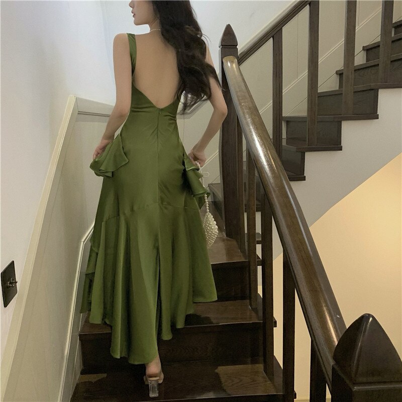 Lizakosht Imitation Acetate Satin Suspender Dress Long Dress Summer Mermaid Tail Large Hem Ruffled Holiday Dress
