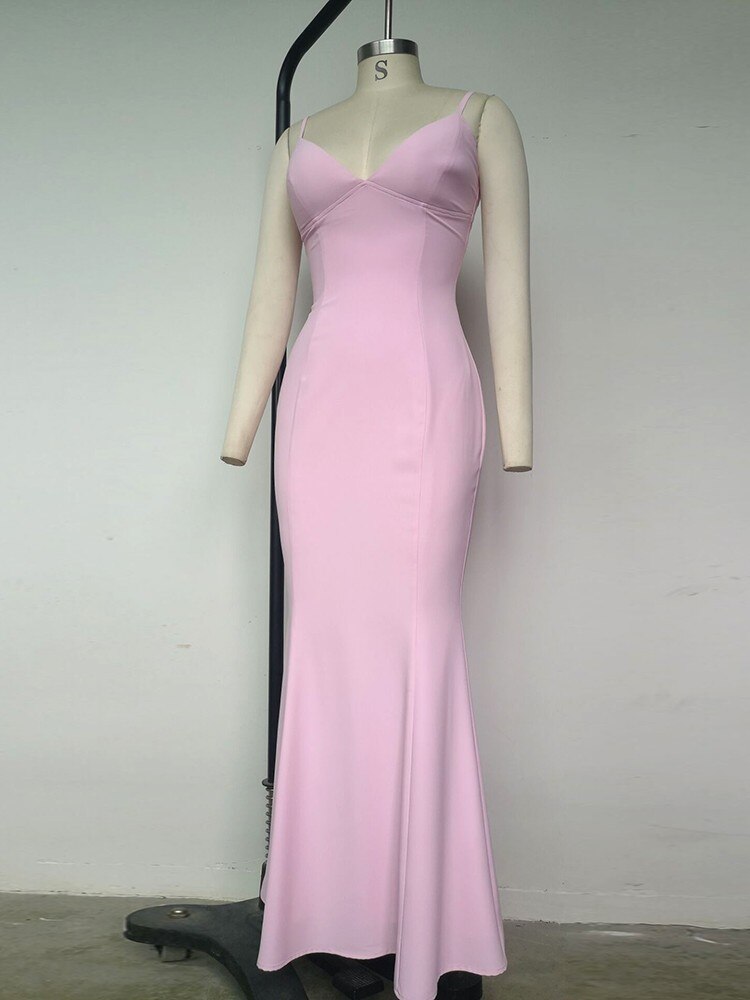 Lizakosht Sexy V Neck Sling Backless Maxi Mermaid Dress Elegant Pink Spaghetti Strap Bodycon Long Dress Mermaid Gown Celebrity Party Dress