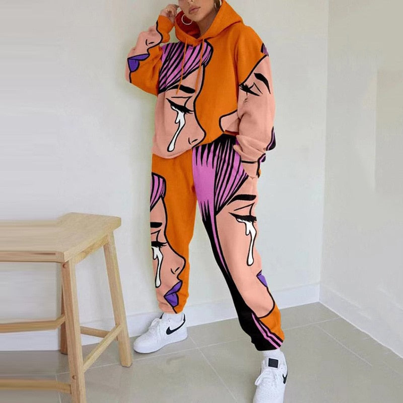 Lizakosht Autumn 2-Piece Set Women's Printed Casual Round Neck Sweater + Sports Wide Leg Pants Streetwear Basic Hoodie Set