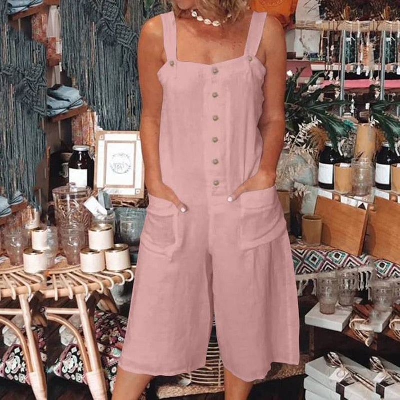 Lizakosht Women Cotton Hemp Beach Playsuit Bodysuit Casual Pocket Button Jumpsuit Linen Vintage Female Loose Strappy Pants Romper Overall