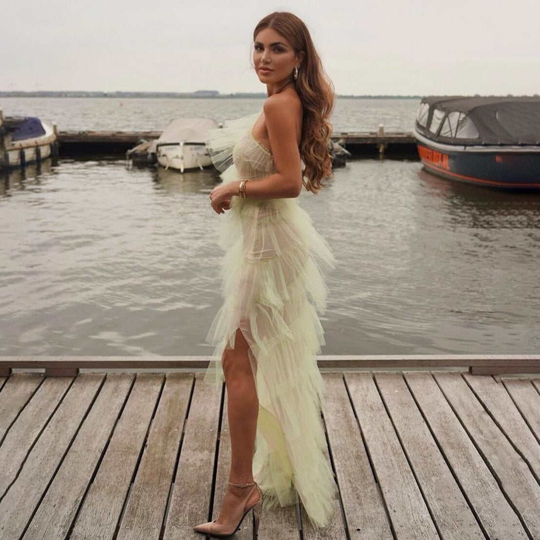 Lizakosht New Ins Style Dinner Sexy Girl Cake Dress Open Back Mesh Neck Length Maxi Dresses Mujer Vestido