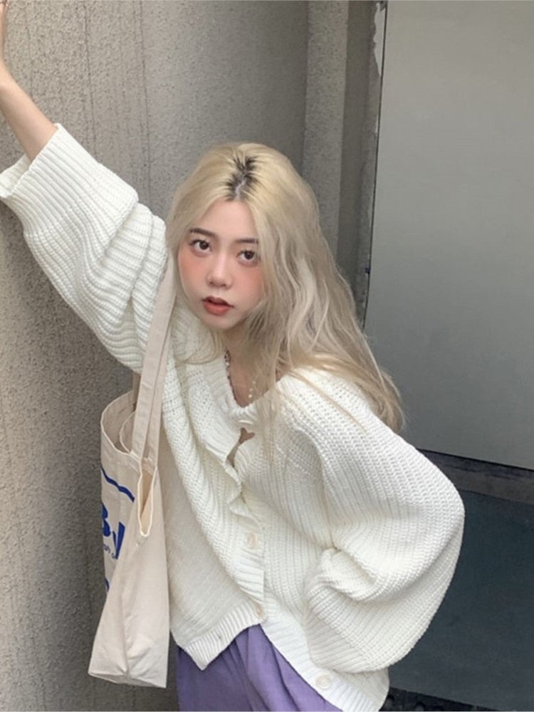 Lizakosht White Cardigan Sweater Jacket women's Spring Autumn Winter New Retro Lazy Style Knitted Sweater Cardigan
