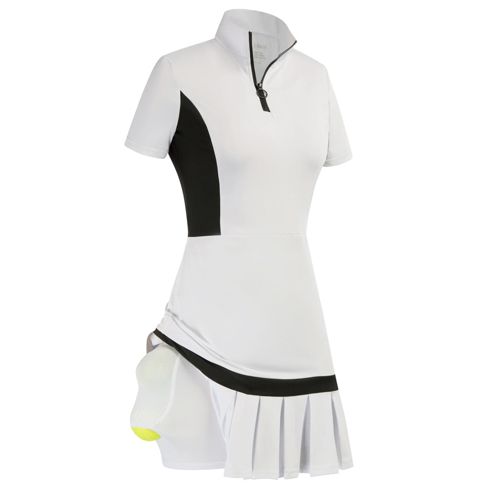JS Women Mini Dress Tennis & Golf Contrast Color Sports Dress Fashion Summer New Short Sleeve Zipper Stand Collar Dress + Boxer