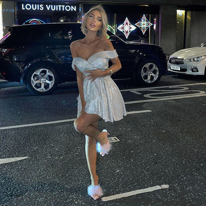 Lizakosht  Bling Glitter Women Off Shoulder A Line Mini Dress Pleated Party Elegant Festival Evening 2022 Summer Clothes Clubwear Vestidos