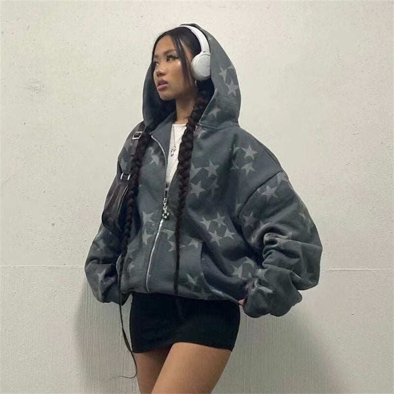 Retro Star Pattern Hoodie women Velvet Sweatshirt Women new autumn winter Double Pocket Loose Long Sleeve hiphop Zipper Jacket