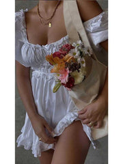Lizakosht  puff sleeve mini Sexy white party dress ruffle summer dress square neck elastic bust super chic women dress new