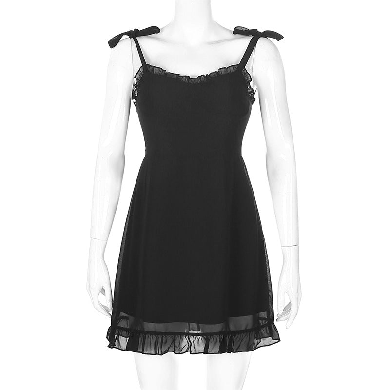 Lizakosht  Ruffled Lace Suspender Skirt Temperament Short Skirt Hepburn Sexy Personality Black