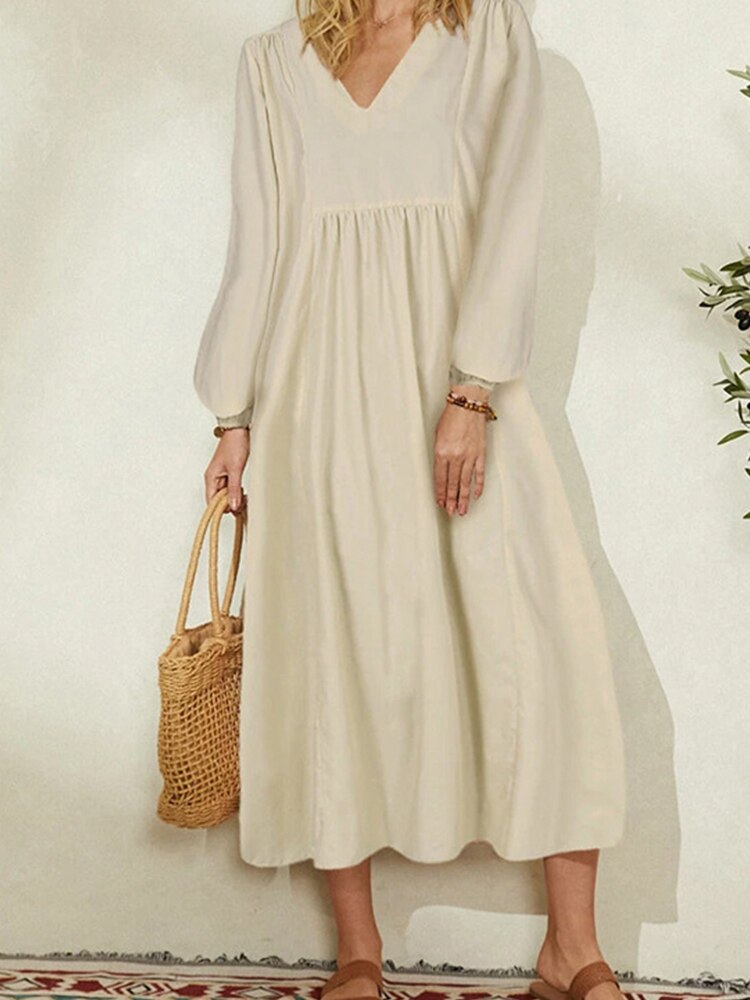 Lizakosht  Summer Spring Solid V Neck Lantern Sleeve Dress Elegant Casual Loose Cotton Linen Party Dress Women Office Commute A-Line  Dress