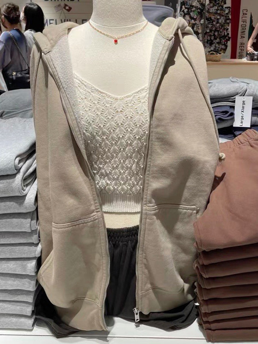 Lizakosht Solid Retro Oversize Hoodie Women Spring Warm Zipper Open-Up Hoodies Femme Vintage Classic Streetwear Loose Sweatshirt Coat