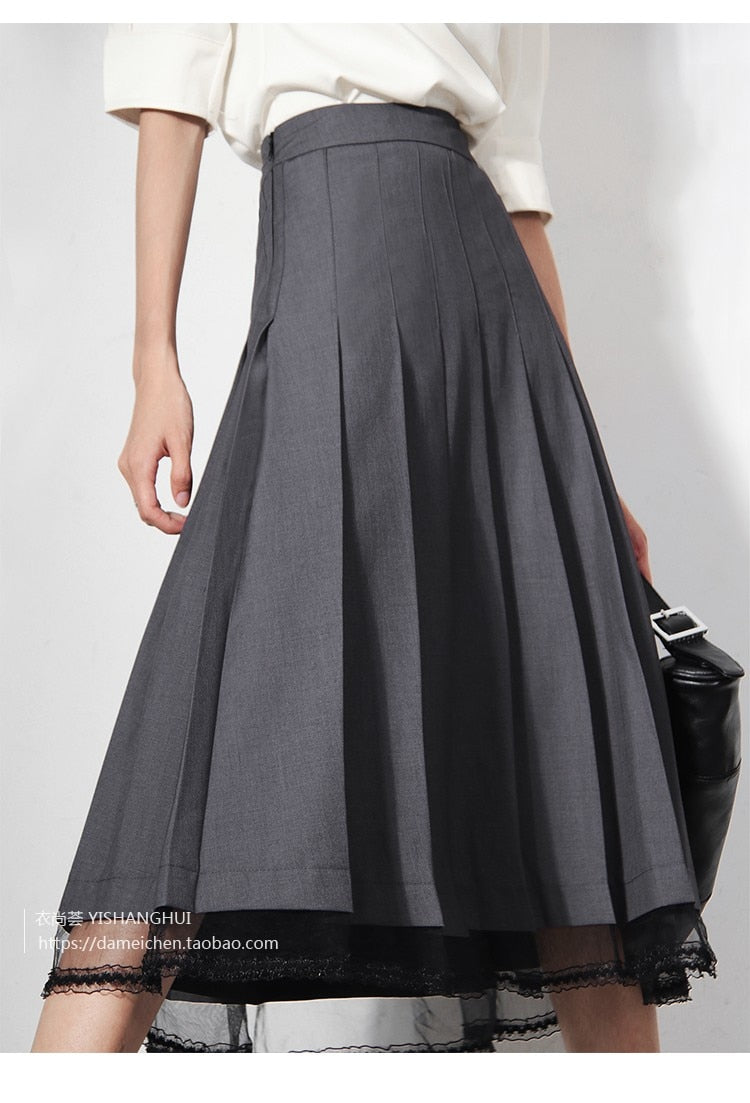 Lizakosht Women's Skirts  New Grey Lace Stitching Pleated High Waist A-Line Midi Skirts Commuter Free Shipping
