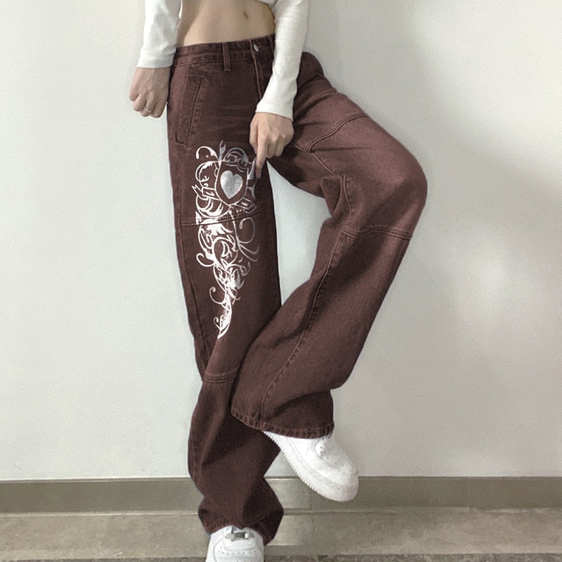 Lizakosht   Gothic Print Baggy Jeans Y2K Autumn Low Rise Trousers Vintage Casual Wide Leg Denim Aesthetic Women Cargo Pants Black