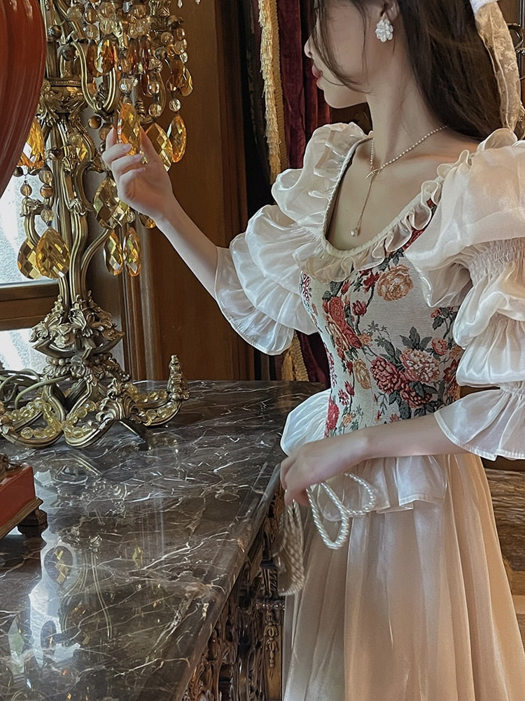 Lizakosht French Vintage Jacquard Floral Fairy Dress For Slim Women Romantic Chic Puff Sleeve Elegant Princess Dresses Vestido Festa
