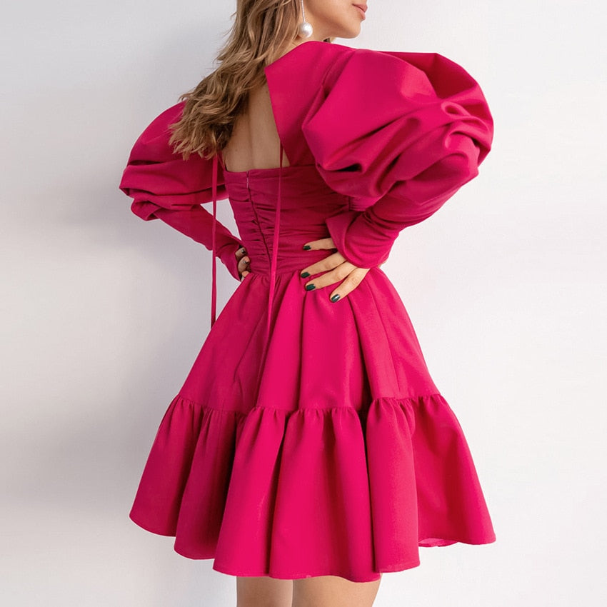 Lizakosht Women Autumn Square Collar Vintage Rose Red Mini Dress New Long Sleeve A-line Ruffle Pleated Sweet Birthday Party Dress