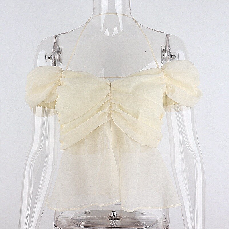 Summer T-Shirt for Women New Fashion Sweet Bow Knot Pile Sleeves Sexy Mesh Back Hollow Tether Hanging Neck Stitching Top Women