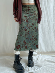Lizakosht  Vintage Printed Long Skirt Women Y2k Grunge Green Cottagecore Low Waist Slim Straight Midi Skirt Girls 90s Aesthetic