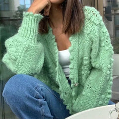 Lizakosht Pure Green Cardigan Button Polka Dot Hollow Texture Knitted Sweater Coat Winter Fashion Ladies Cardigan Top Women's Clothing