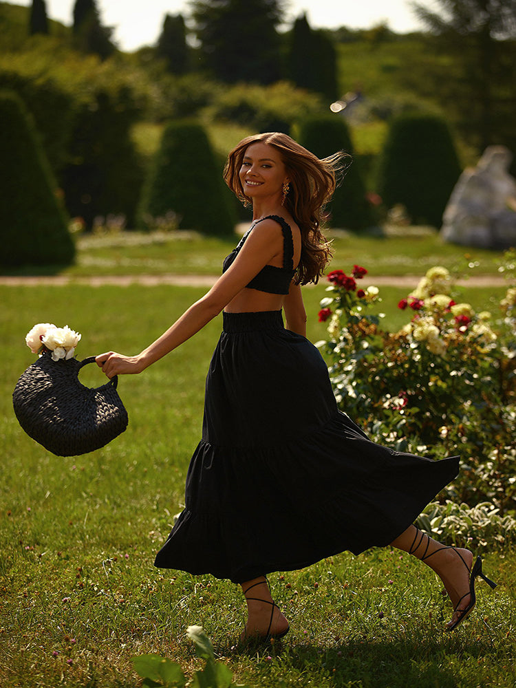 Summer Women'S Word-neck Suspenders Sleeveless Red Cropped Top Sexy Open Back Casual Black Stitching Skirt Two-piece